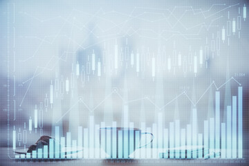 Wall Mural - Double exposure of forex chart over coffee cup background in office. Concept of financial analysis and success.