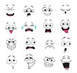 © Vector Tradition - Face expression isolated vector icons, funny cartoon emoji boring, crying and thoughtful, gnash teeth, angry, laughing and sad. Facial feelings, emoticons upset, happy and show tongue cute faces set