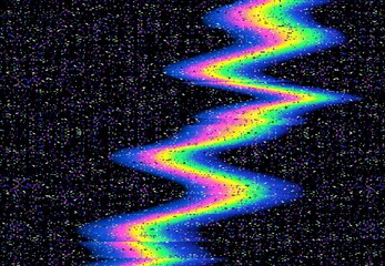 Leinwandbilder - Glitch color wave, vector distorted glitched curvy rainbow colored vertical line and neon glowing random pixels on dark abstract background. Television distortion with glitch effect, no signal screen