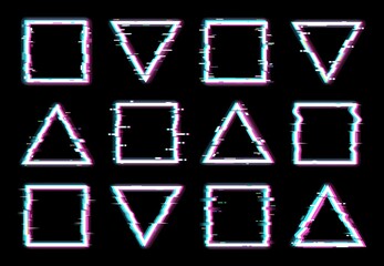 Aufkleber - Glitch frames vector distorted neon glowing pixelized borders of triangle and square shapes isolated on black background. Television colored messy distortion with glitch effect, no signal tv screen