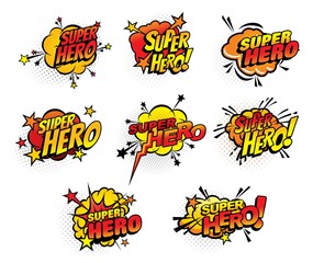 Wall Mural - Super hero comics half tone bubbles isolated vector icons. Cartoon pop art retro sound cloud blast explosions with stars and dotted pattern. Boom bang colorful superhero symbols with typography set
