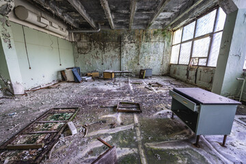 Wall Mural - Hall in former factory in Pripyat desolate city in Chernobyl Exclusion Zone, Ukraine