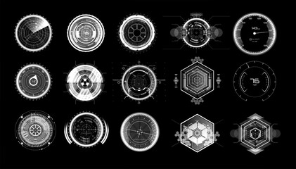 Poster - Futuristic circle elements in HUD style. Set digital circular elements - Military crosshair,  futuristic speedometer car, target, gadgets, sniper score, viewfinder and other. Design HUD, UI, UX. 