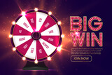 Fototapeta  - Casino spinning fortune wheel vector banner template. Rotating roulette, lottery game poster layout. Jackpot Big Win lightbulbs glowing sign. Gambling business. Game of luck playing