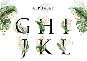 Alphabet set of G  H  I  J  K  L with tropical leaves watercolor and gold leaves. For logo, initial name, branding, card, identity, etc.