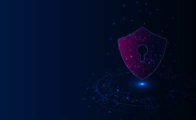 Poster -  Security concept. Shield With Keyhole icon on digital data background, consisting of points, lines and shapes on dark background. Illustrates cyber data security or information privacy idea.