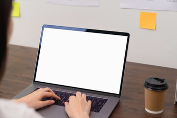 Aufkleber - Business women hand using laptop and type on the keyboard. Mockup screen of advertisement.
