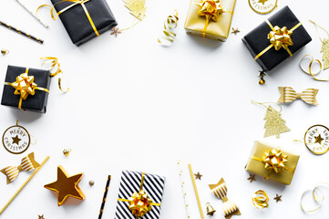 Wall Mural - merry christmas,xmas and new year celebration concepts with gift box and ornament in black and golde