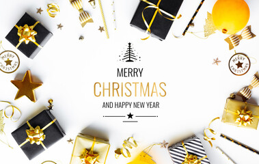 Wall Mural - merry christmas,xmas and new year celebration concepts with gift box and ornament in black and golde