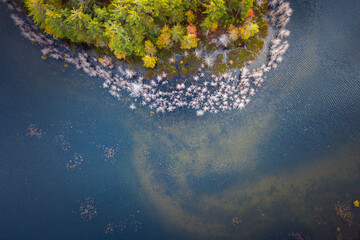 Wall Mural - beautiful travel autumn background aerial look down photograph of a portion of an island in a lake i