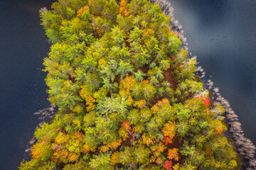 Wall Mural - beautiful travel autumn background aerial look down photograph of a portion of an island in a lake i
