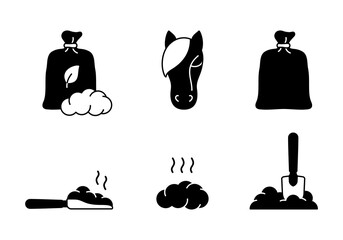 Wall Mural - Horse dung silhouette icons set. Outline bag, scoop, shovel, pile. Black illustration of organic manure, plant fertilizer for agriculture, farming. Flat isolated vector pictogram on white background