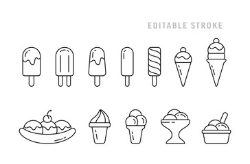 Fototapete - Ice cream set. Linear icon of different types. Eskimo pie, popsicle, waffle cone, ice lolly, banana split, twister, bowl. Black simple illustration. Contour isolated vector pictogram, editable stroke
