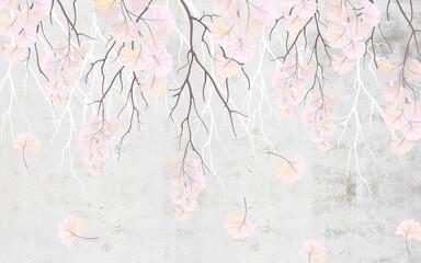 Fototapeta Branches with delicate pink flowers hang from above on a gray wall