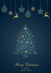 Wall Mural - Christmas tree made of turquoise and gold snowflakes on dark background. Vector illustration. Gold pattern. New year them.