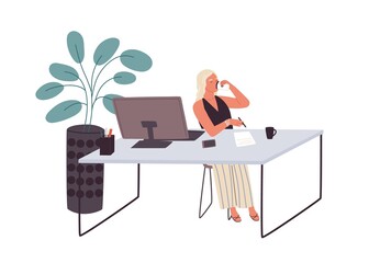 Aufkleber - Young woman drinking coffee from a paper cup for staying awake at her workplace in morning. Female sitting at modern office desk with computer. Flat vector illustration isolated on white background