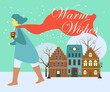 winter landscape with houses and trees. Warm wishes New year greeting card