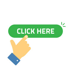 Poster - Click here button with clicking hand pointer finger icon vector flat cartoon isolated, concept of promotional motivational action modern design