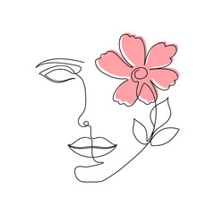 Poster - One line woman face with flower and leaves. Continuous line drawing of girl face and flower. Beauty industry concept. Vector. 