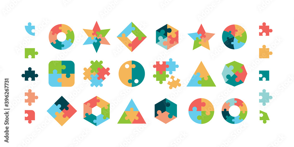 Puzzle. Jigsaw pieces various geometrical forms round and square puzzle parts vector collection. Illustration jigsaw puzzle game, teamwork concept - obrazy, fototapety, plakaty 