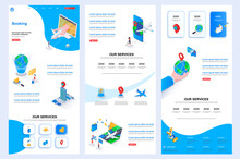 Booking Service Isometric Landing Page. Online Tickets Booking, Tour Agency Corporate Website Design Template. Web Banner Template With Header, Middle Content, Footer. Isometry Vector Illustration.