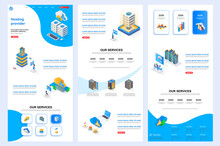 Hosting Provider Isometric Landing Page. Database Support, Cloud Data Center Corporate Website Design Template. Web Banner Template With Header, Middle Content, Footer. Isometry Vector Illustration.