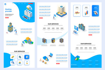 Hosting provider isometric landing page. Database support, cloud data center corporate website design template. Web banner template with header, middle content, footer. Isometry vector illustration.