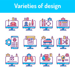 Poster - Types of design color line icons set. Pictograms for web page, mobile app, promo.