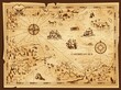 Old pirate map, vector worn parchment with jolly roger in tricorn, caribbean sea, islands and land, wind rose and cardinal points. Vintage grunge paper pirate map, adventure, treasure research game