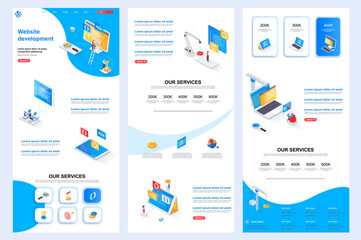 Fototapete - Website development isometric landing page. Full stack engineering, construct corporate website design template. Web banner with header, middle content, footer. Isometry vector illustration.