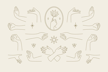Wall Mural - female hands gestures collection of line art hand drawn style vector illustrations.