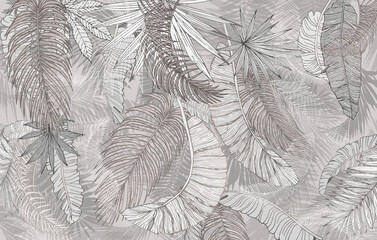 Mural, wallpaper. Palm leaves, graphics. Beige tone.