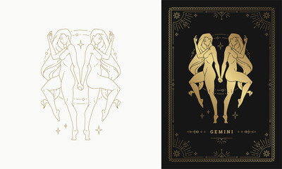 Wall Mural - zodiac gemini girl character horoscope sign line art silhouette design vector illustration