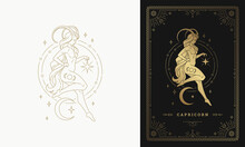 Zodiac Capricorn Girl Character Horoscope Sign Line Art Silhouette Design Vector Illustration