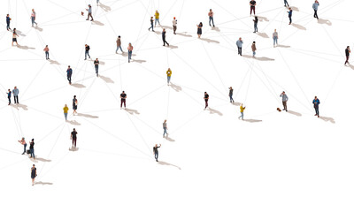Aerial view of crowd people connected by lines, social media and communication concept. Top view of men and women isolated on white background with shadows. Staying online, internet, technologies.