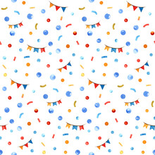 Seamless Pattern Of Hand Drawn Watercolor Elements. Christmas Background Of Confetti, Flags And Snowballs