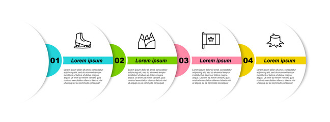 Wall Mural - Set line Skates, Mountains, Flag of Canada and Tree stump. Business infographic template. Vector.