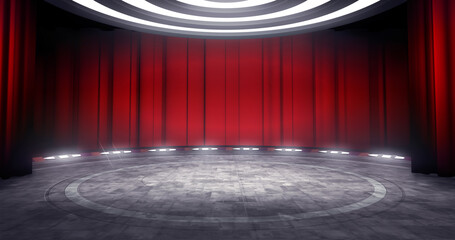 Wall Mural - Full shot of a virtual theater background with red curtain, ideal for live shows or music events. 3D rendering backdrop suitable on VR tracking system stage sets, with green screen
