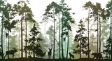 Fototapeta Las - Seamless horizontal background with pine forest and animals: deer, bear, wolf, elk, owl and birds. Animals are separate from the background, you can move and delete them.