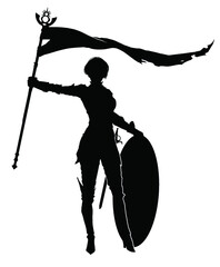 Black silhouette of a graceful knight girl with a flag in her hand and a round shield, and a rapier on her belt, she stands in a victory pose, her hair is short . 2D illustration