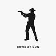 © Benevector - Standing cowboy holding and pointing gun black silhouette. Bank robbery icon sign or symbol. Police sheriff logo. Shooting range. Bandit or gangster in action. Man aiming pistol vector illustration.