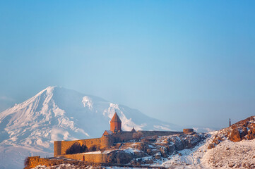 Wall Mural - Ancient Armenian church Khor Virap with Ararat