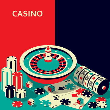 casino banner. roulette and slot, chips, dices and cards