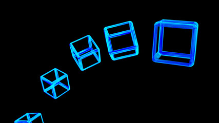 Poster - wire cube floating on black background defocuses object behind the main cube. abstract design blue cube 