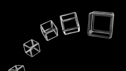 Poster - wire cube floating on black background defocuses object behind the main cube. abstract design white cube 
