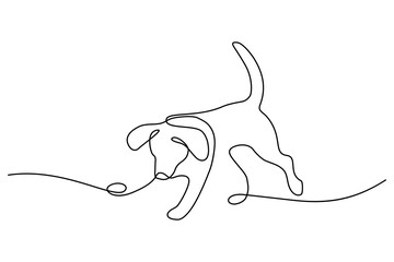 Sticker - Playful dog in continuous line art drawing style. Puppy playing minimalist black linear sketch isolated on white background. Vector illustration