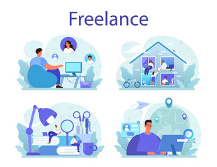Aufkleber - Freelance concept set. People working remotely through the internet