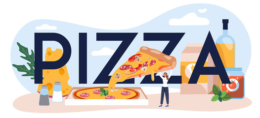 Wall Mural - pizza typographic header. chef cooking tasty delicious pizza.