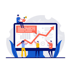 Poster - Dashboard service, online reporting mechanism, key performance indicators concept with tiny character. Office workers analyze company growth and build digital infographic with charts and diagrams