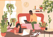 © IrDesign - A family of African American man and European girl work from home on laptops. Freelancers work in a cozy room with house plants and a cat. Boho style flat vector illustration.